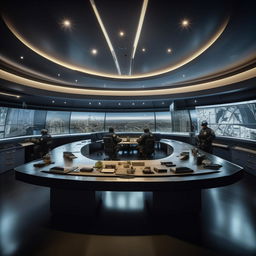 A well-lit glass penthouse office designed as a SWAT control room with five officers at screens on an arc-shaped console, and another officer at a detached desk with a screen, incorporating architectural details from the provided link.