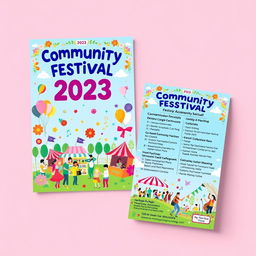 A vibrant and eye-catching poster and leaflet design for an upcoming community festival, featuring colorful illustrations of festive elements such as balloons, food stalls, and music with lively people enjoying the event