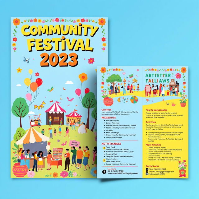 A vibrant and eye-catching poster and leaflet design for an upcoming community festival, featuring colorful illustrations of festive elements such as balloons, food stalls, and music with lively people enjoying the event