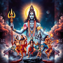 A magnificent poster featuring the Hindu deity Shiv Ji in the background, radiating a divine and powerful aura
