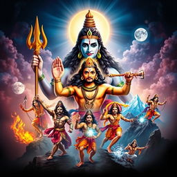 A magnificent poster featuring the Hindu deity Shiv Ji in the background, radiating a divine and powerful aura