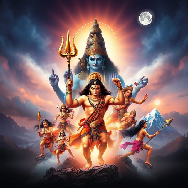 A magnificent poster featuring the Hindu deity Shiv Ji in the background, radiating a divine and powerful aura