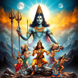 A magnificent poster featuring the Hindu deity Shiv Ji in the background, radiating a divine and powerful aura