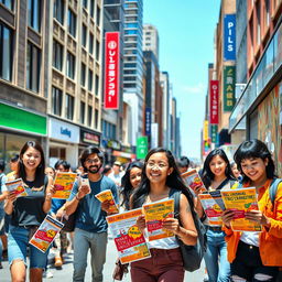 A vibrant street scene depicting a group of enthusiastic young adults actively engaged in distributing leaflets and putting up colorful posters on a bustling urban street