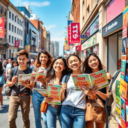 A vibrant street scene depicting a group of enthusiastic young adults actively engaged in distributing leaflets and putting up colorful posters on a bustling urban street