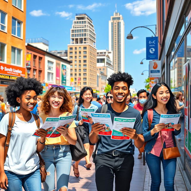 A vibrant street scene depicting a group of enthusiastic young adults actively engaged in distributing leaflets and putting up colorful posters on a bustling urban street