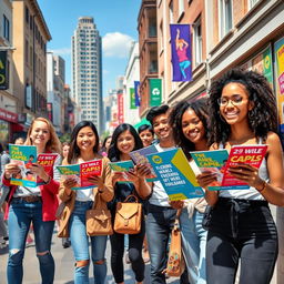 A vibrant street scene depicting a group of enthusiastic young adults actively engaged in distributing leaflets and putting up colorful posters on a bustling urban street