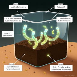 An informative and visually engaging illustration showcasing the concept of artificial earthworms created using nanotechnology