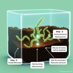 An informative and visually engaging illustration showcasing the concept of artificial earthworms created using nanotechnology