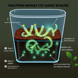 An informative and visually engaging illustration showcasing the concept of artificial earthworms created using nanotechnology