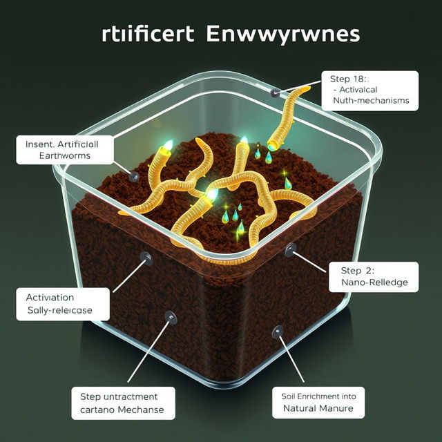 An informative and visually engaging illustration showcasing the concept of artificial earthworms created using nanotechnology