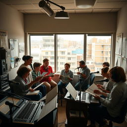 A creative representation of a radio drama studio, focused on the production of educational and entertaining content related to community learning (CL)