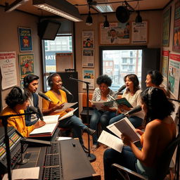 A creative representation of a radio drama studio, focused on the production of educational and entertaining content related to community learning (CL)