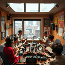 A creative representation of a radio drama studio, focused on the production of educational and entertaining content related to community learning (CL)