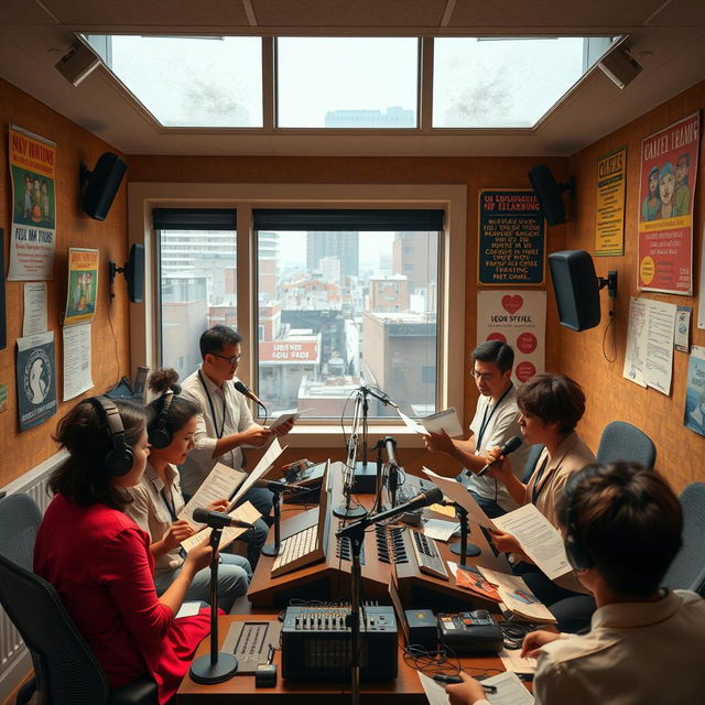 A creative representation of a radio drama studio, focused on the production of educational and entertaining content related to community learning (CL)