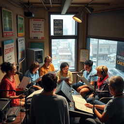 A creative representation of a radio drama studio, focused on the production of educational and entertaining content related to community learning (CL)