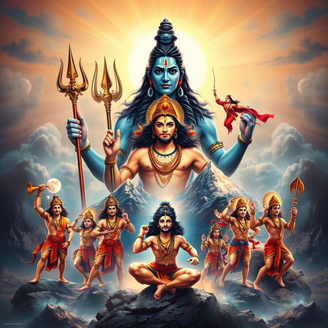 A magnificent poster featuring the Hindu deity Shiv Ji in the background, radiating a divine and powerful aura