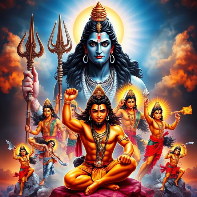 A magnificent poster featuring the Hindu deity Shiv Ji in the background, radiating a divine and powerful aura
