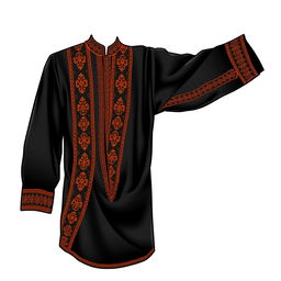 A detailed vector illustration of a black Panjabi garment with vibrant orange accents