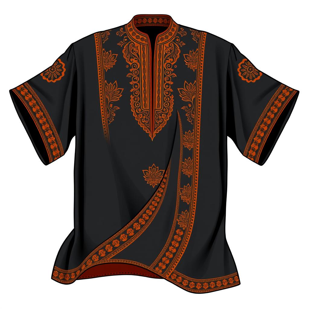 A detailed vector illustration of a black Panjabi garment with vibrant orange accents