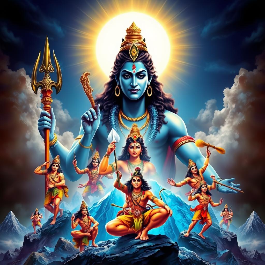 A magnificent poster featuring the Hindu deity Shiv Ji in the background, radiating a divine and powerful aura