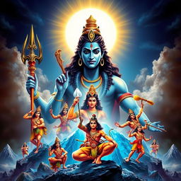 A magnificent poster featuring the Hindu deity Shiv Ji in the background, radiating a divine and powerful aura