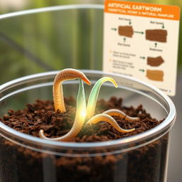 A detailed illustration showcasing the process of artificial earthworms designed with nanotechnology