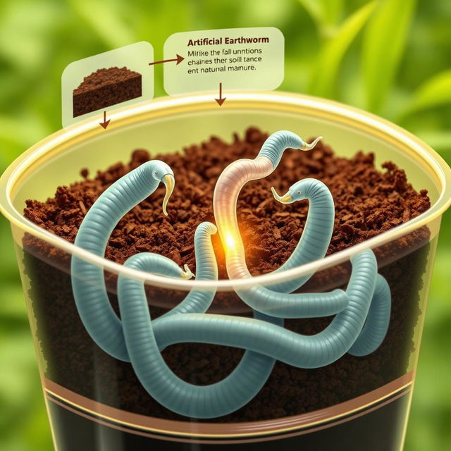 A detailed illustration showcasing the process of artificial earthworms designed with nanotechnology