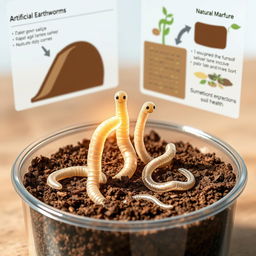 A detailed illustration showcasing the process of artificial earthworms designed with nanotechnology