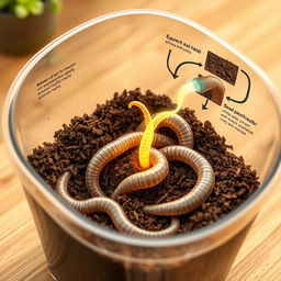 A detailed illustration showcasing the process of artificial earthworms designed with nanotechnology