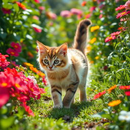 A playful cat with fluffy fur and vivid markings walking gracefully through a lush green garden filled with colorful flowers and sunlight shining through the leaves