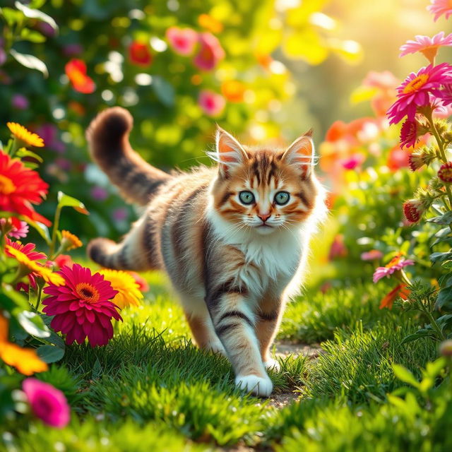 A playful cat with fluffy fur and vivid markings walking gracefully through a lush green garden filled with colorful flowers and sunlight shining through the leaves