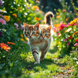 A playful cat with fluffy fur and vivid markings walking gracefully through a lush green garden filled with colorful flowers and sunlight shining through the leaves