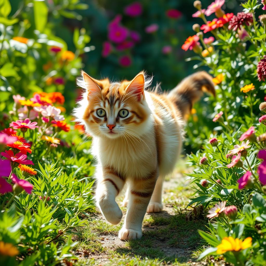 A playful cat with fluffy fur and vivid markings walking gracefully through a lush green garden filled with colorful flowers and sunlight shining through the leaves