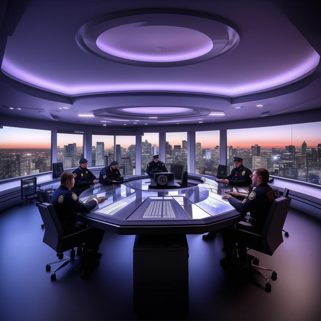 A well-lit glass penthouse office designed as a SWAT control room with five officers at screens on an arc-shaped console, and another officer at a detached desk with a screen, incorporating architectural details from the provided link.