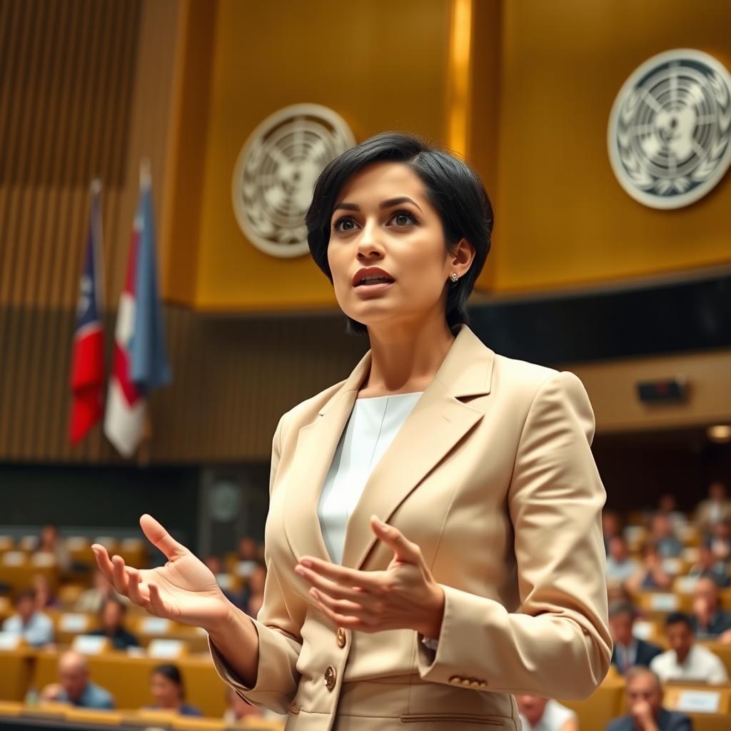 A female speaker presenting at a conference inside the United Nations building