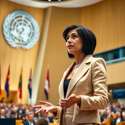 A female speaker presenting at a conference inside the United Nations building
