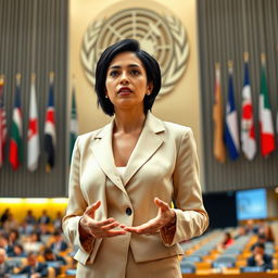 A female speaker presenting at a conference inside the United Nations building