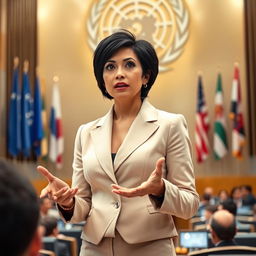 A female speaker presenting at a conference inside the United Nations building