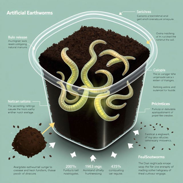 An educational illustration depicting the innovative process of artificial earthworms created through nanotechnology