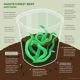 An educational illustration depicting the innovative process of artificial earthworms created through nanotechnology