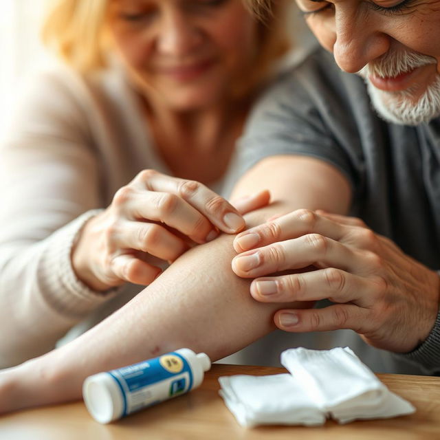 A close-up view of a caring person gently applying antiseptic ointment to a small wound on another person's arm