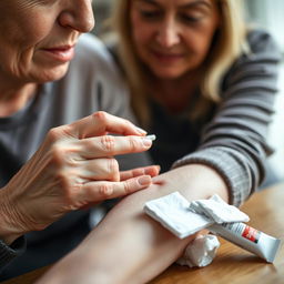A close-up view of a caring person gently applying antiseptic ointment to a small wound on another person's arm