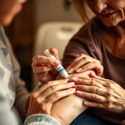 A close-up view of a caring person gently applying antiseptic ointment to a small wound on another person's arm