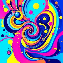 A vibrant and colorful abstract AI art piece featuring swirling patterns, geometric shapes, and a harmonious mix of bright colors like electric blue, neon pink, and sunny yellow