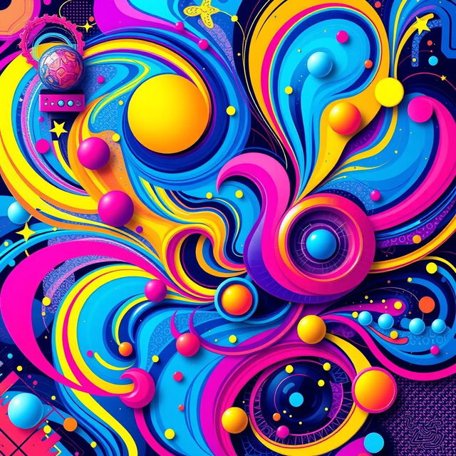 A vibrant and colorful abstract AI art piece featuring swirling patterns, geometric shapes, and a harmonious mix of bright colors like electric blue, neon pink, and sunny yellow