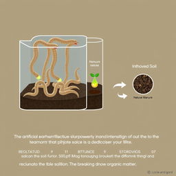 An illustrated diagram showing the process of using artificial earthworms created by nanotechnology