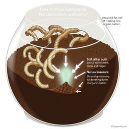 An illustrated diagram showing the process of using artificial earthworms created by nanotechnology