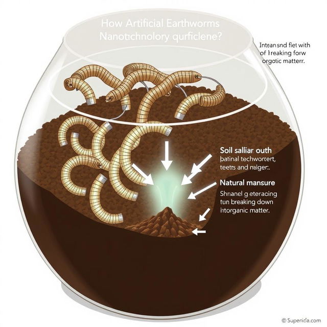 An illustrated diagram showing the process of using artificial earthworms created by nanotechnology