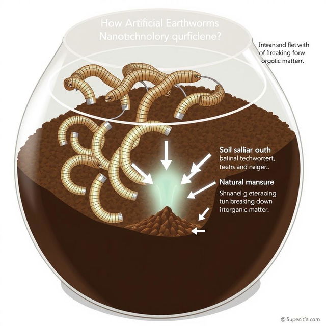 An illustrated diagram showing the process of using artificial earthworms created by nanotechnology